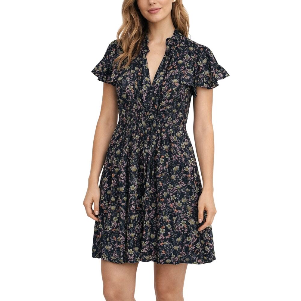 Rebecca Taylor Flutter Sleeve Floral-Print Silk Mini Dress Black/Pink size 4
